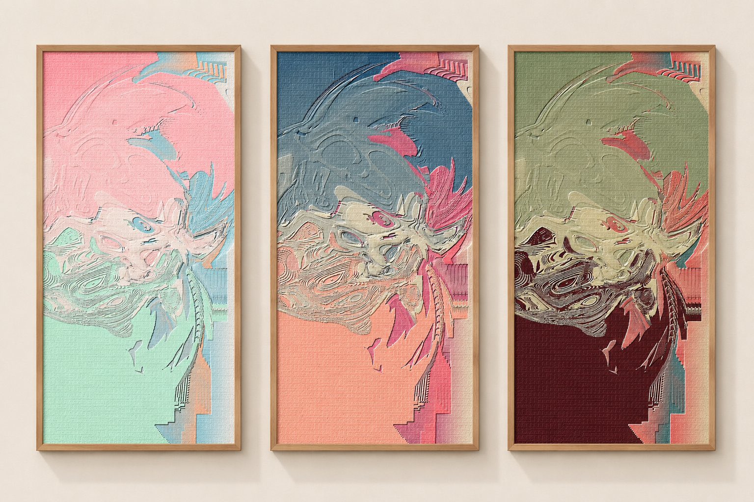 Three coordinated Paint Engine outputs in wood frames — display mockup