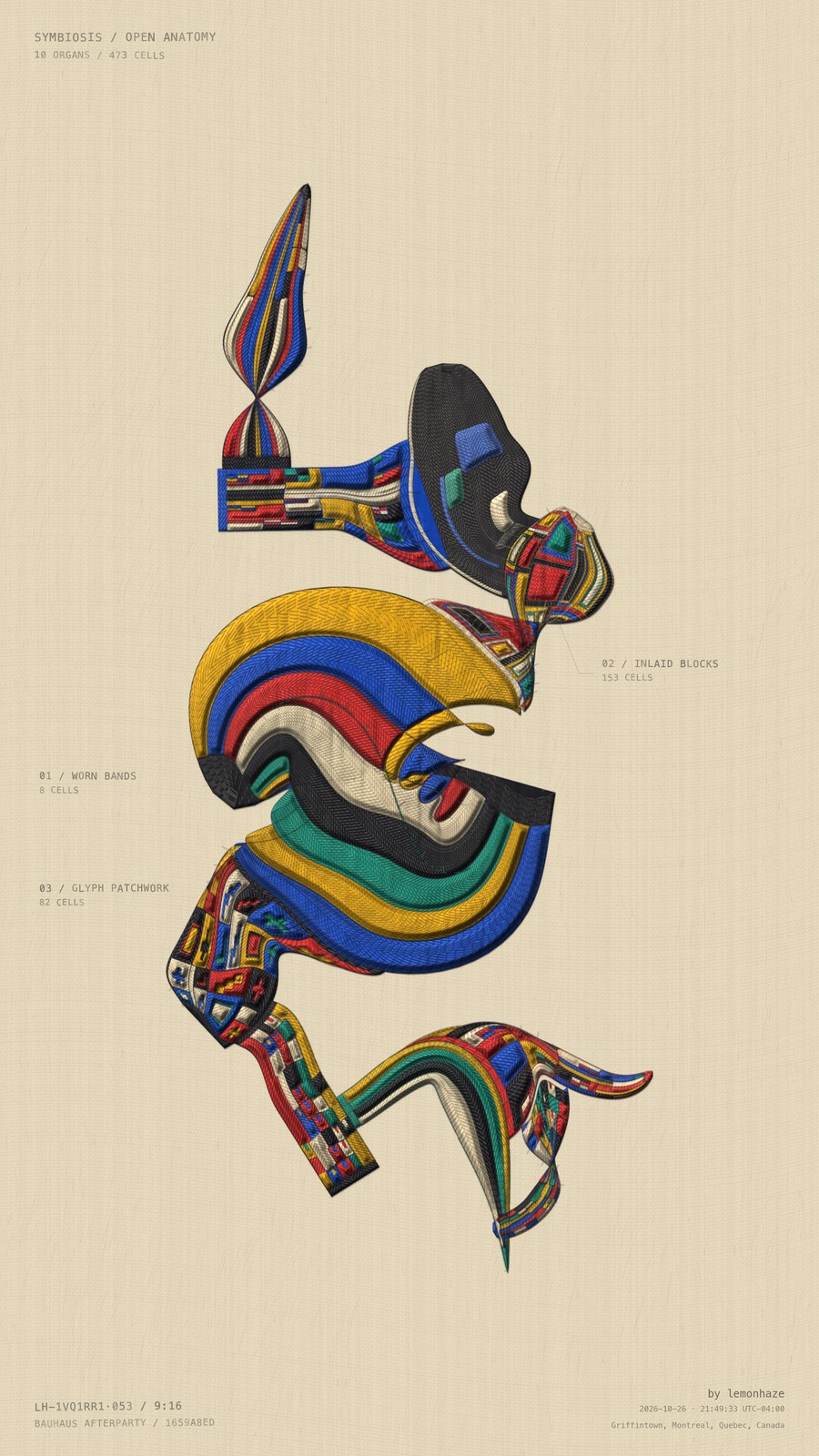 Primary colours and teal wind through separated fans, woven bands and suspended geometric fragments.