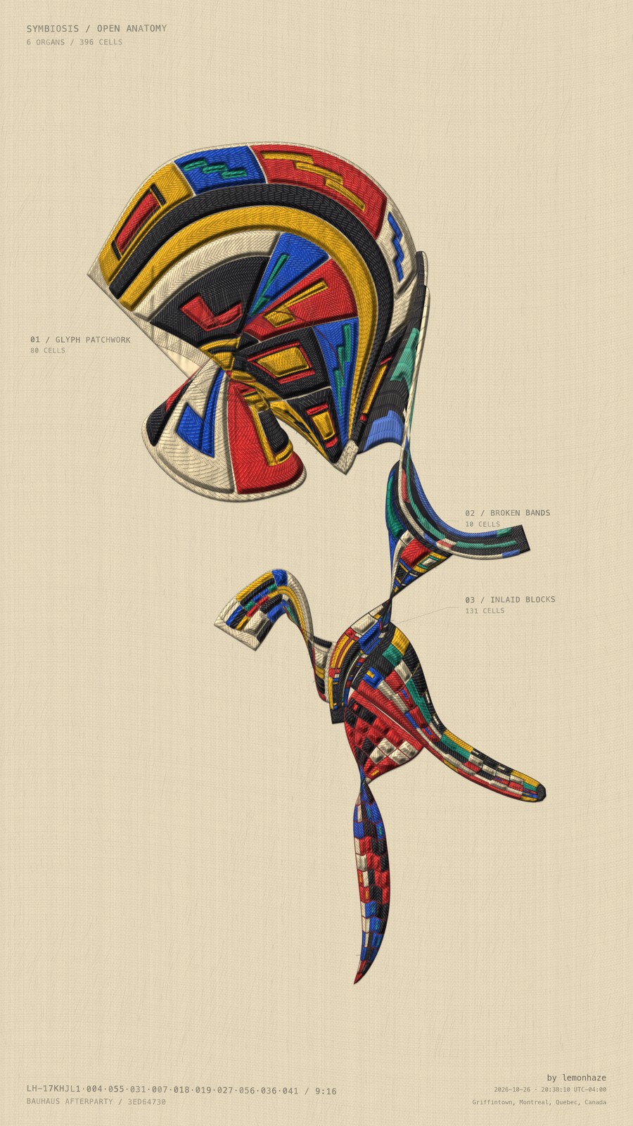 A broad segmented fan unfolds above a slender ribbon of red, blue, yellow and black.
