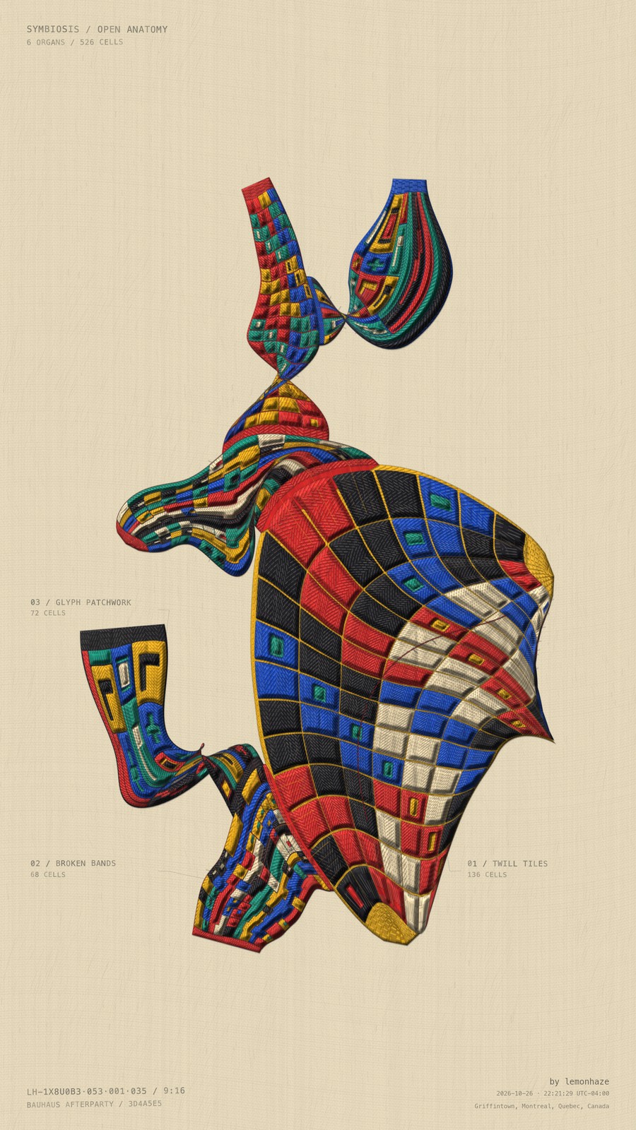 A sweeping checkerboard form meets striped branches and small glyph-like fragments in primary colours.