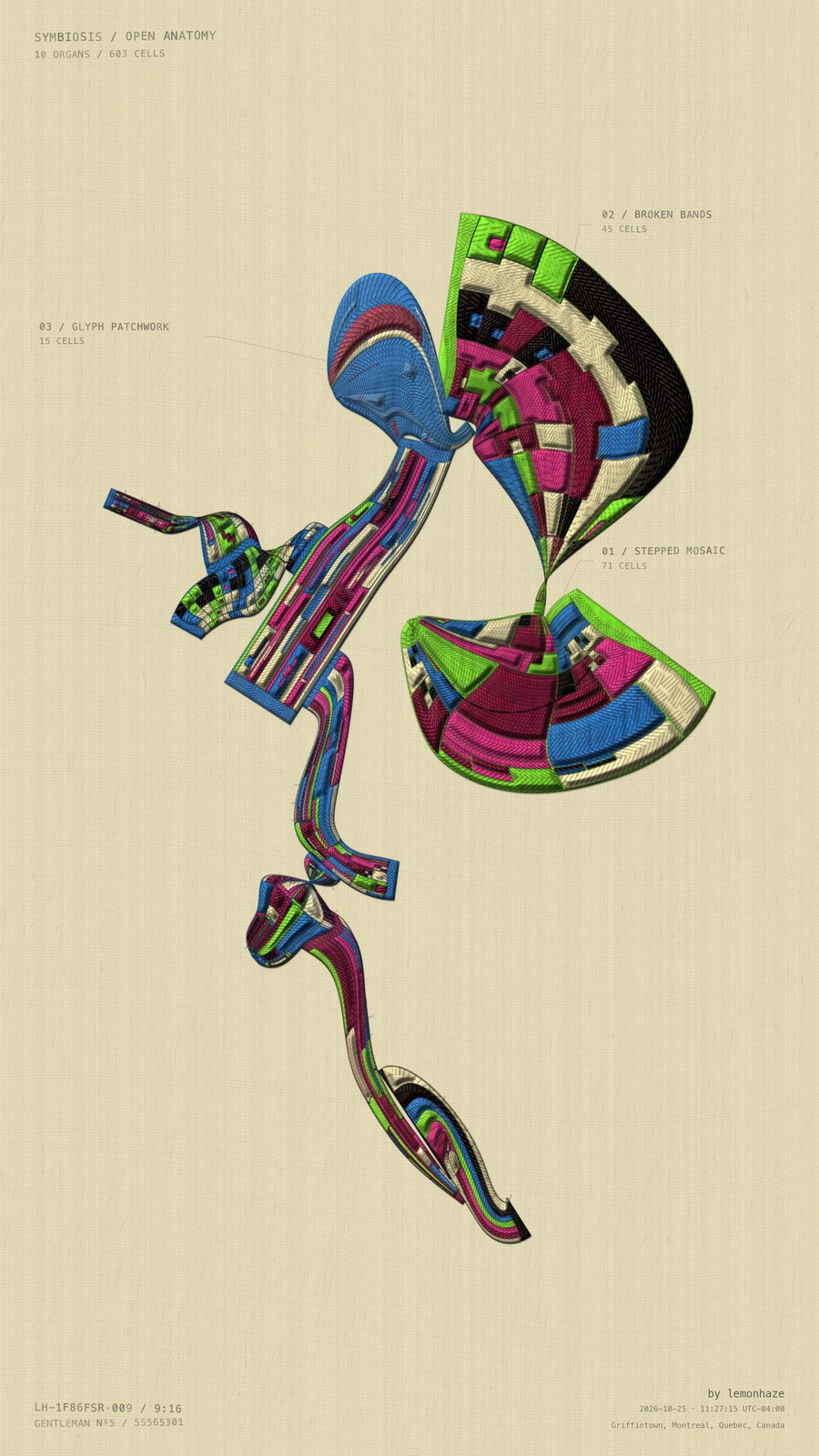 A constellation of folded surfaces, stepped mosaics and threads, held in a delicate vertical balance.