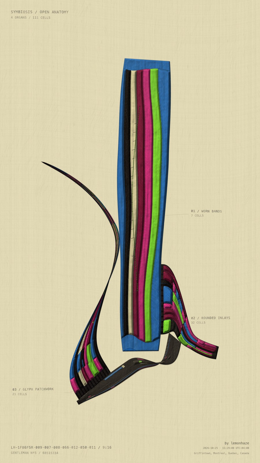 An upright band of colour anchors a quieter composition of sweeping curves and rounded inlays.