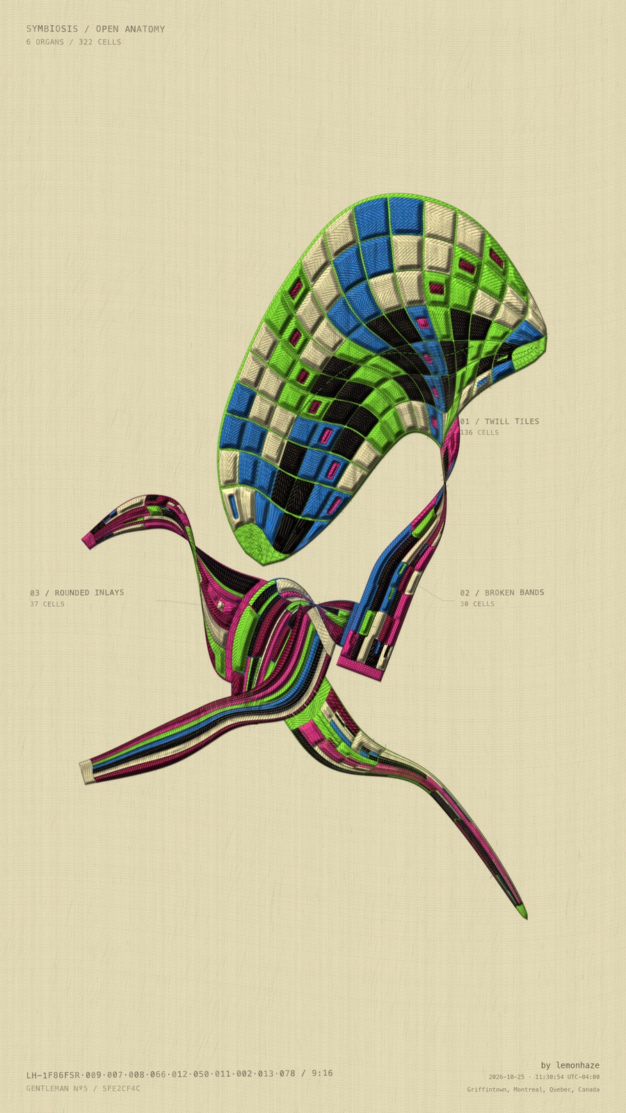Electric green, blue and magenta trace a canopy of tiles and the slender ribbons beneath it.