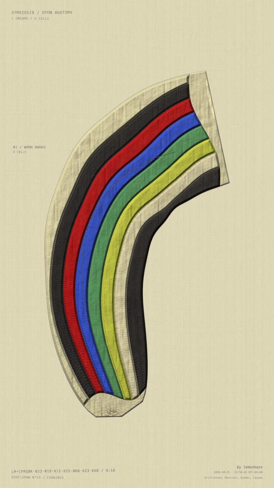 A single folded ribbon. Red, blue, green and yellow bands follow the curve of a woven surface.