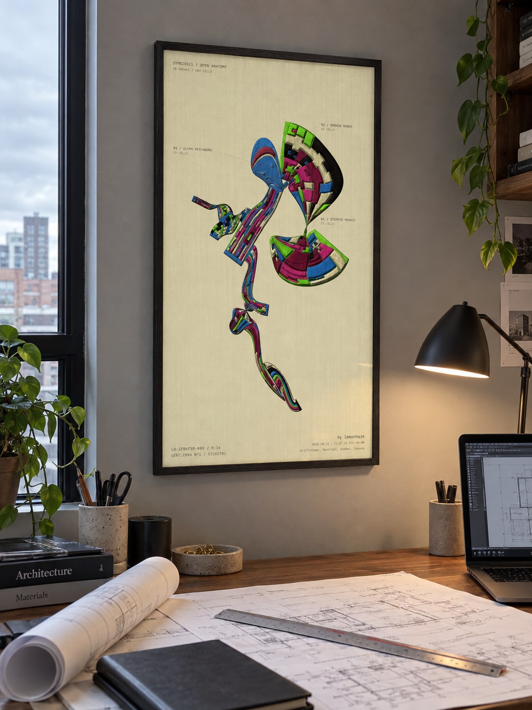 Symbiosis — 01 framed at an architect’s desk; illustrative room mockup
