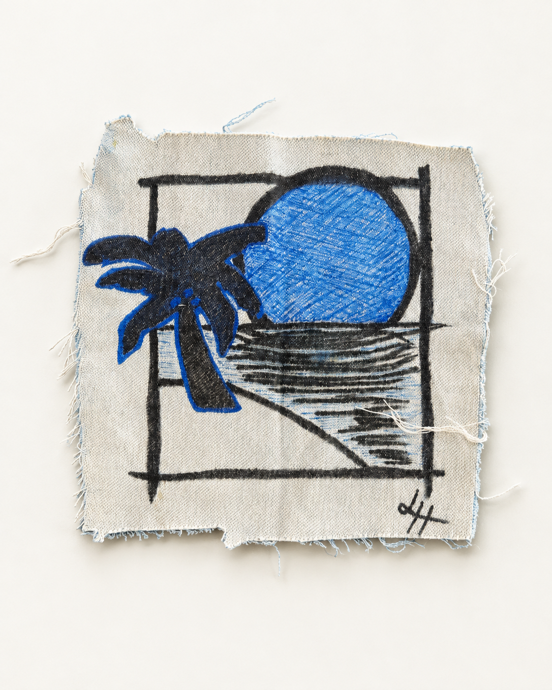 A palm silhouette, blue sun and hand-drawn shoreline on a pale denim fragment.